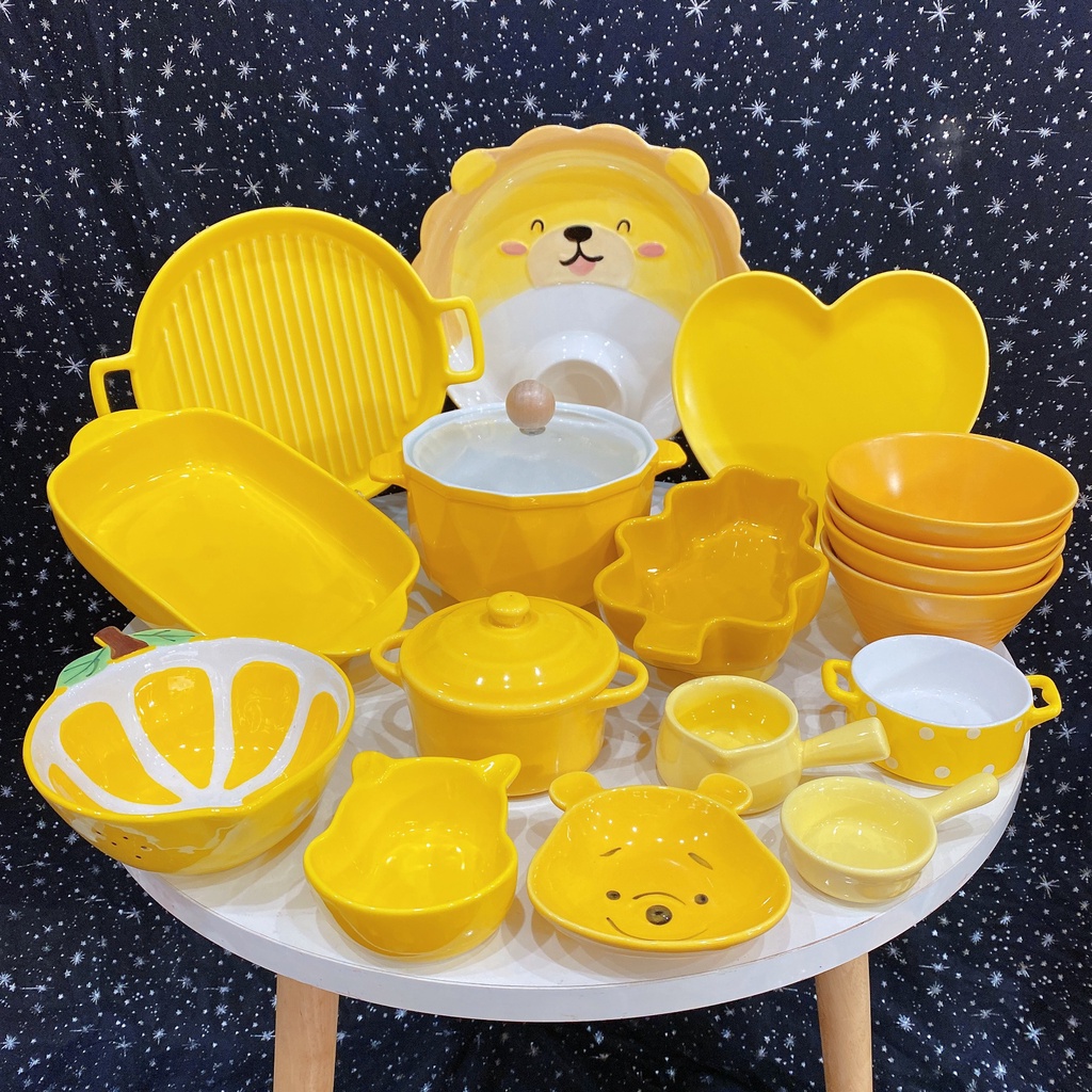 Bát đĩa gốm sứ decor trang trí đồ ăn set vàng 17 món cực kỳ đẹp