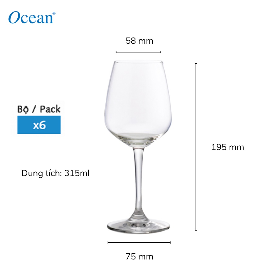 Bộ 6 ly rượu thủy tinh Ocean Lexington red wine 315ml - Chính Hãng