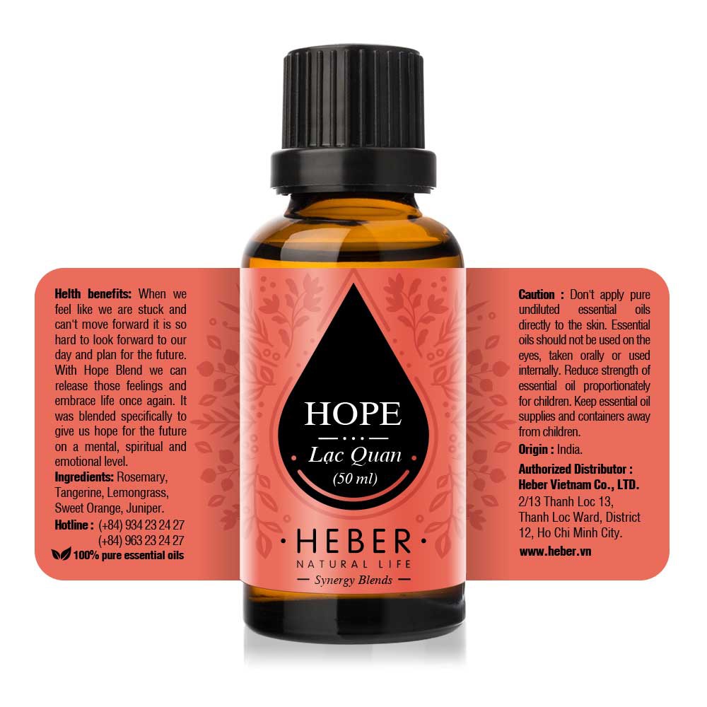 Tinh Dầu Lạc Quan Heber- Hope Blend, Cao Cấp Nhập Khẩu, Thiên Nhiên Nguyên Chất, Xông Thơm Phòng, Chai 10ml/30ml/50ml