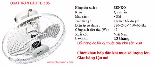 Quạt trần đảo SENKO 105 HÀNG CHÍNH HÃNG 1 ĐỀN 10