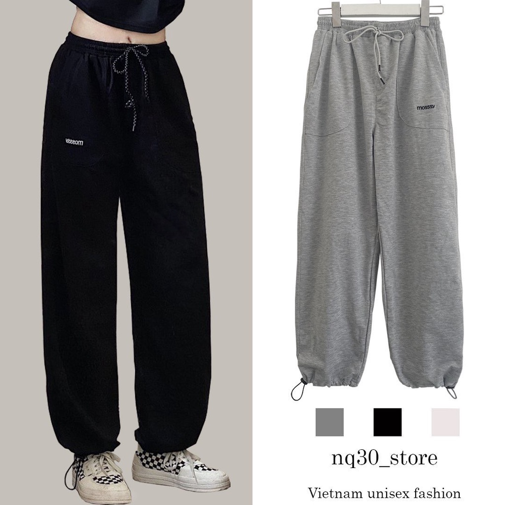 Quần Jogger NQ30 Nỉ Da Cá Rút Dây Thêu Mosssy Nam Nữ Đen Xám Trắng Unisex