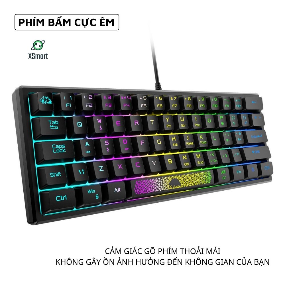 Bàn Phím Mini LED K61 Gaming Full 10 Chế Độ Nháy, Phím Bấm Siêu Êm, 62 Phím, Dùng Cho Máy Tính, Laptop, PC