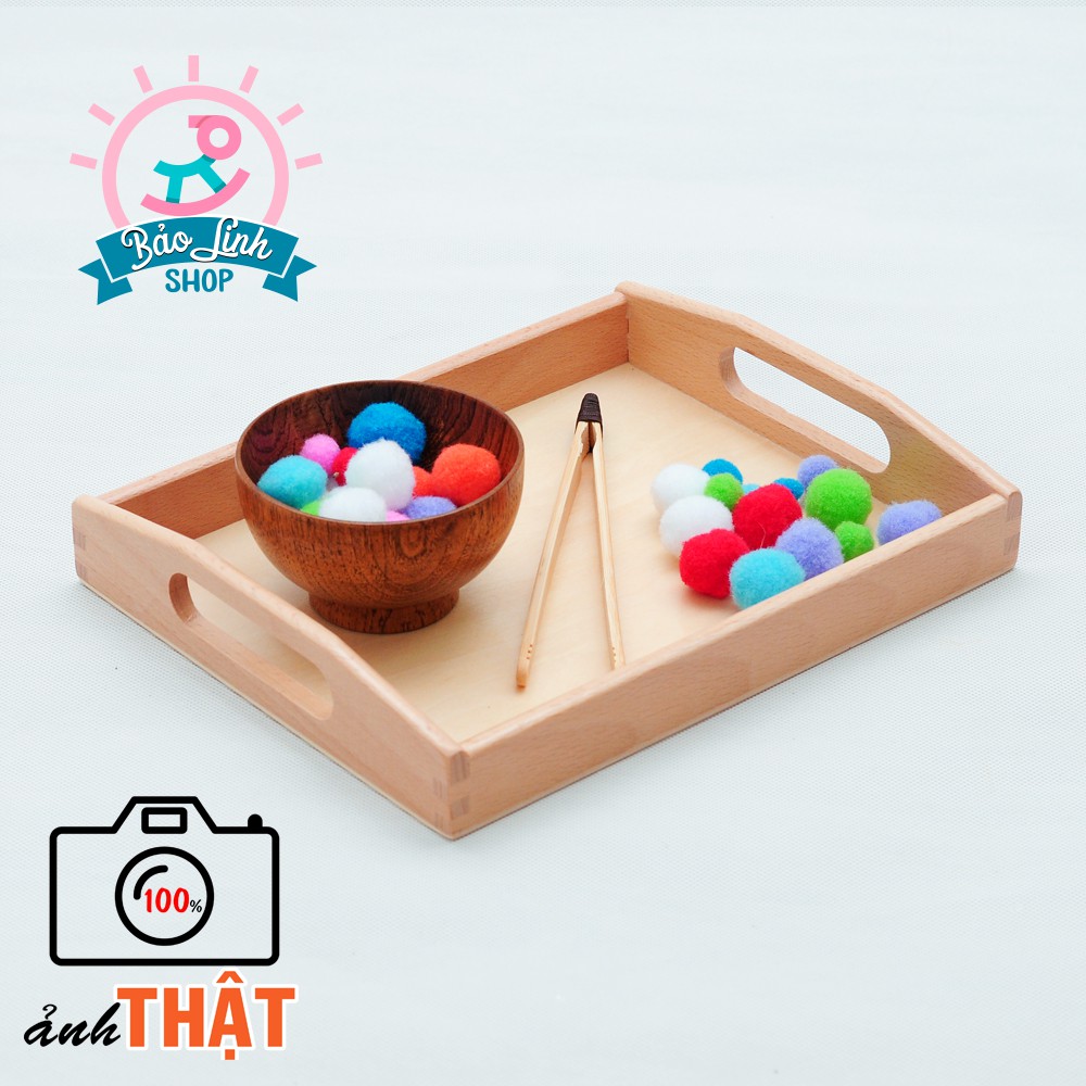 COMBO khay gỗ montessori Size nhỏ, kẹp tre, 2 bát gỗ| Giáo cụ thực hành cuộc sống cho bé