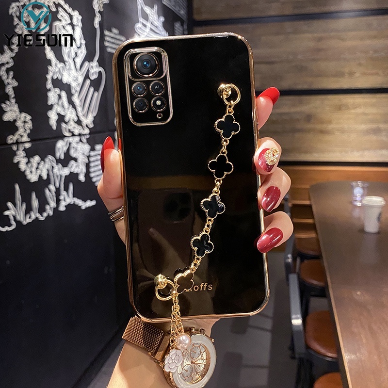 Ốp Điện Thoại Silicon Mềm Họa Tiết Lá May Mắn Gắn Dây Đeo Cổ Tay Cho Xiaomi Redmi Note 11 10 Pro 11S 10S 4G 5G 9S 9 Pro