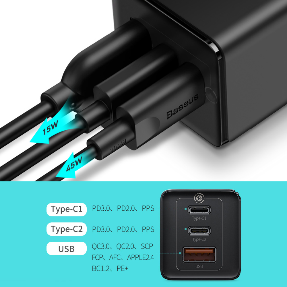 Bộ Sạc Nhanh Xiaomi Baseus 65w Gan2 Pro Pd 4.0 3.0 Type C Pd 100-240v