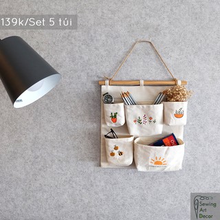 Túi Giỏ Vải Bố Đựng Đồ Treo Tường Treo Tủ Vintage 5 Ngăn Đựng Đồ Decor Trang Trí Nhà Cửa