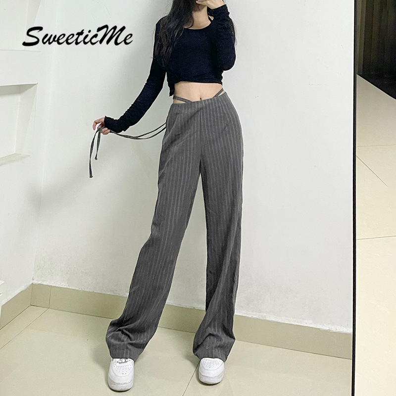 Set Áo Thun Ngắn Tay Cổ Tròn + Quần Dài Ống Rộng Họa Tiết Sọc Thời Trang Mới Cho Nữ