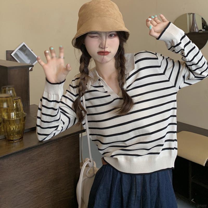 Áo len tay dài dáng rộng họa tiết kẻ sọc phong cách retro Hàn Quốc cho nữ