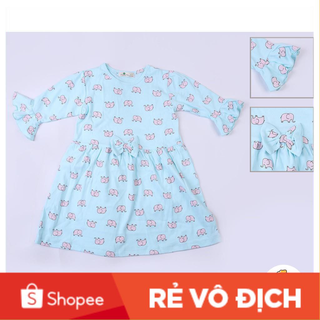 Váy cotton  tay loe nơ eo bé gái size 6-10T, cho bạn từ 19-30kg. Chất cotton dày dặn, đanh tay. Kiểu dáng đẹp