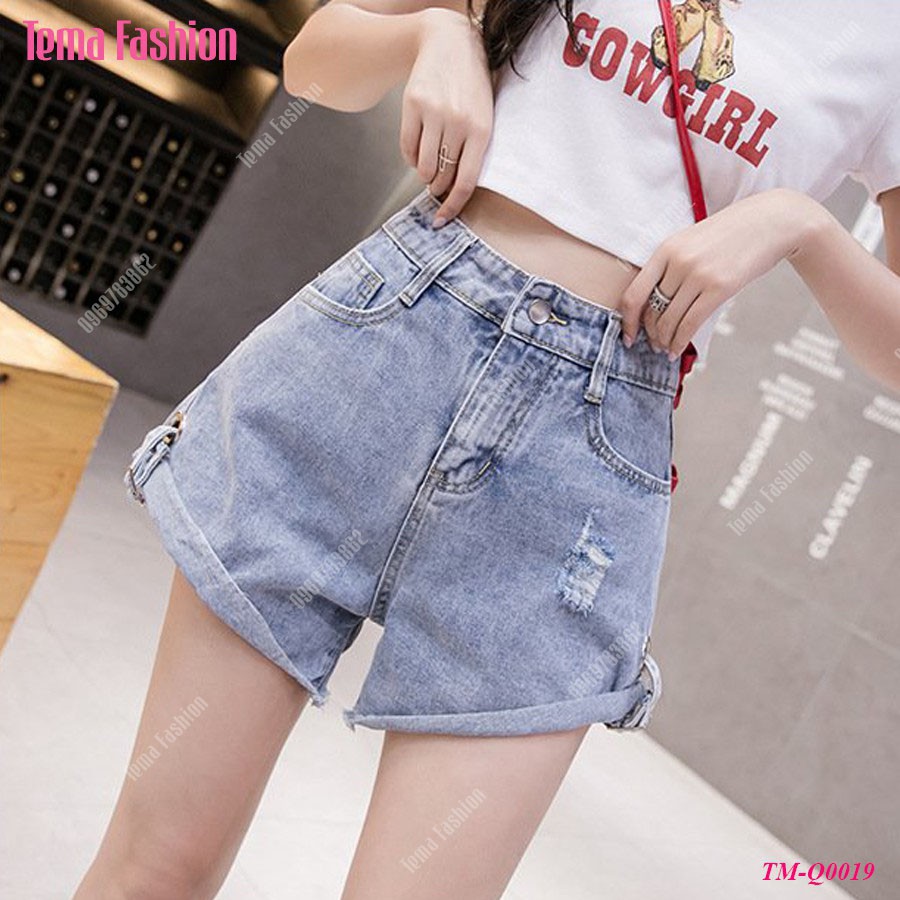 Quần short jean nữ TEMA - Quần đùi nữ jean xanh rách gấu xắn siêu xinh