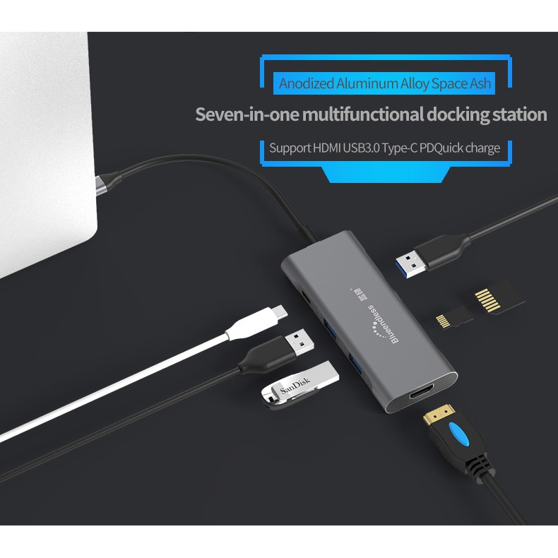 Hub Mở Rộng USB Type C 7IN1 Blueendless Chính Hãng HDMI 4K Thẻ Nhớ USB 3.0