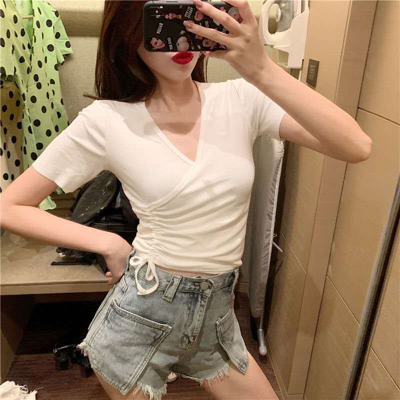 Korean Style White Lace-up Tight Short SleeveTShirt Women's Short Style CropVCollar Drawstring Slim Top