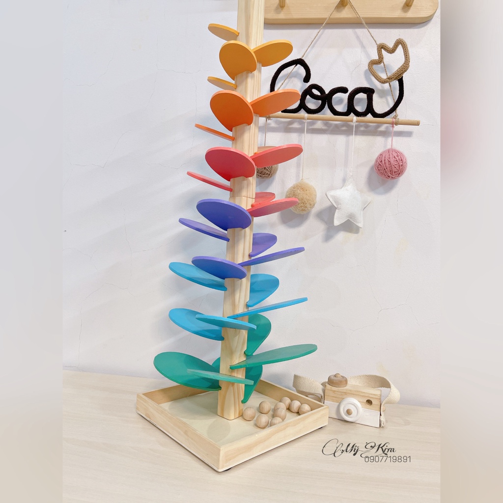 Đồ Chơi Tháp Gỗ Cầu Vồng Âm Nhạc thả bóng cho bé Montessori - Tháp Bóng Nhạc Bằng Gỗ