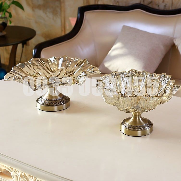 Đĩa thủy tinh để trái cây nhũ vàng có chân đế mạ đồng, tô dĩa hoa quả để bàn tiệc sang trọng