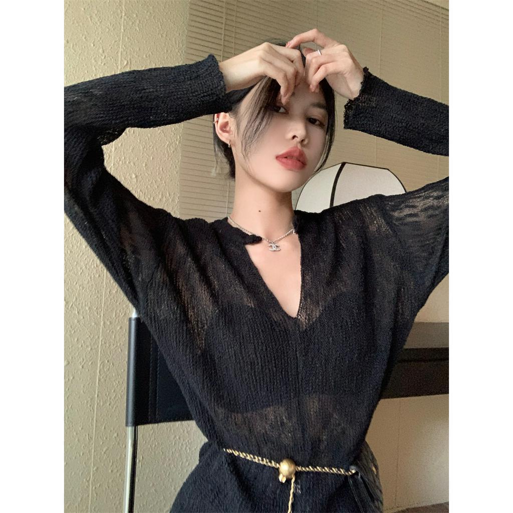 Áo Len Tay Dài Cổ Chữ V Dáng Rộng Xẻ Tà Màu Trơn Thời Trang Mới