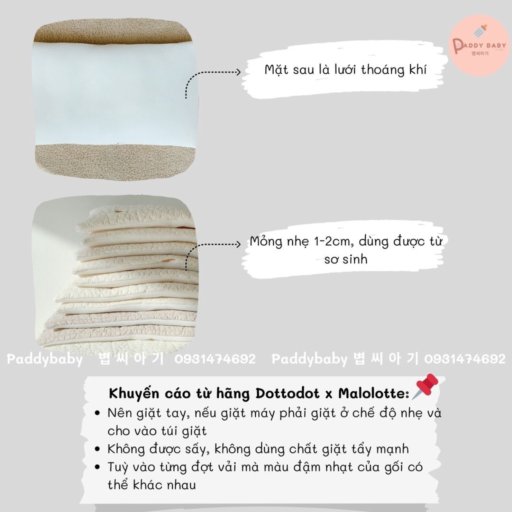 Gối mỏng sơ sinh Dottodot Malolotte Hàn Quốc thêu quilting hình chữ nhật  made in korea &lt;có sẵn&gt;