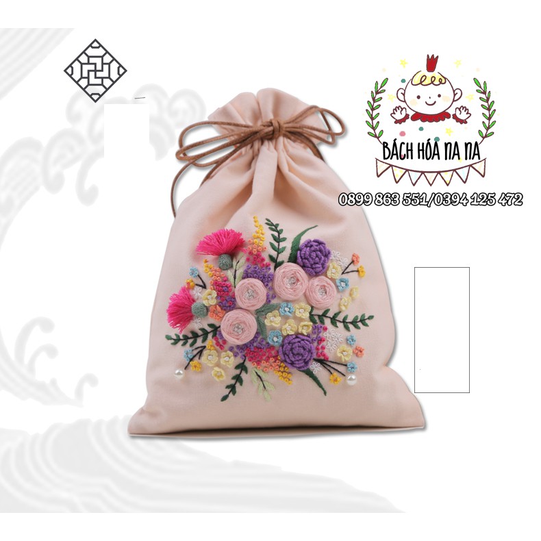 Kit tập thêu DIY - Túi Vải dây rút  họa tiết thêu tay hoa nhỏ hãng Cherish, handmade shop