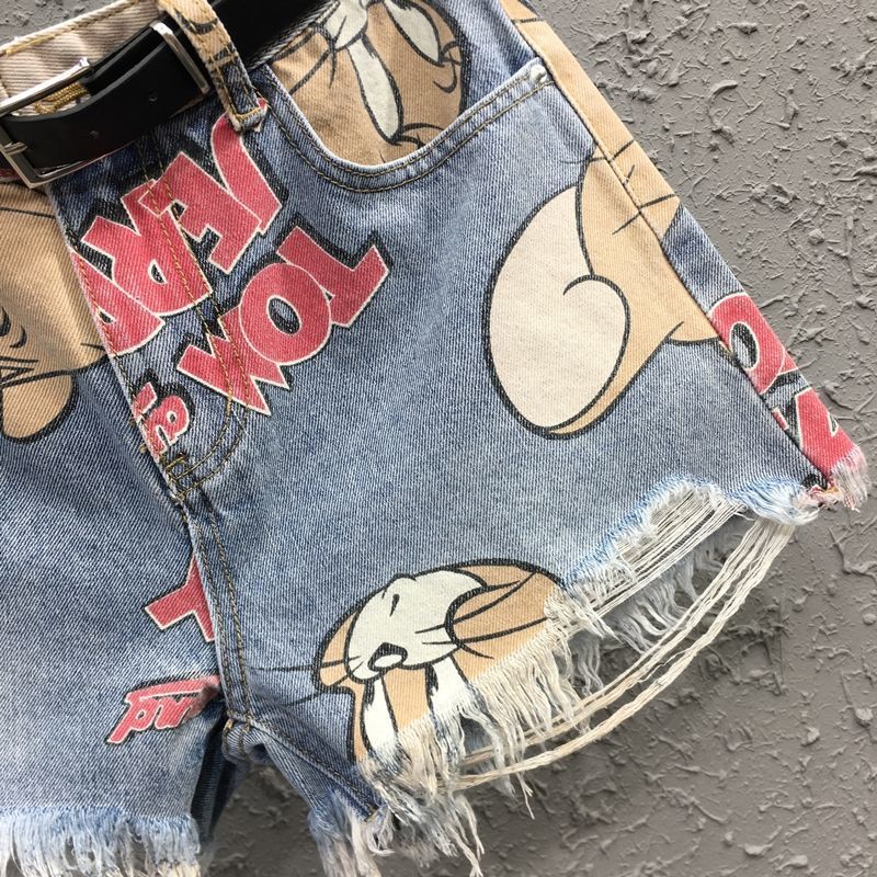 Jiashucheng Quần Short Denim Eo Cao In Màu Nhuộm Hình Mèo Và Chuột Phong Cách Mới Mùa Hè Dành Cho Bạn Nữ