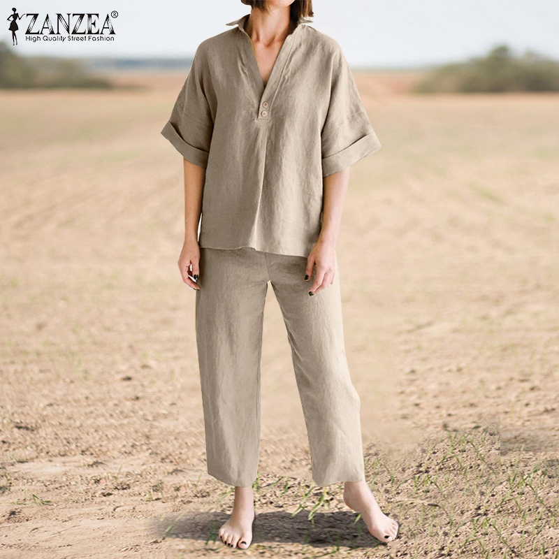 Bộ đồ Zanzea gồm áo sơ mi tay ngắn cổ bẻ và quần dài ống rộng màu trơn sành điệu cho nữ