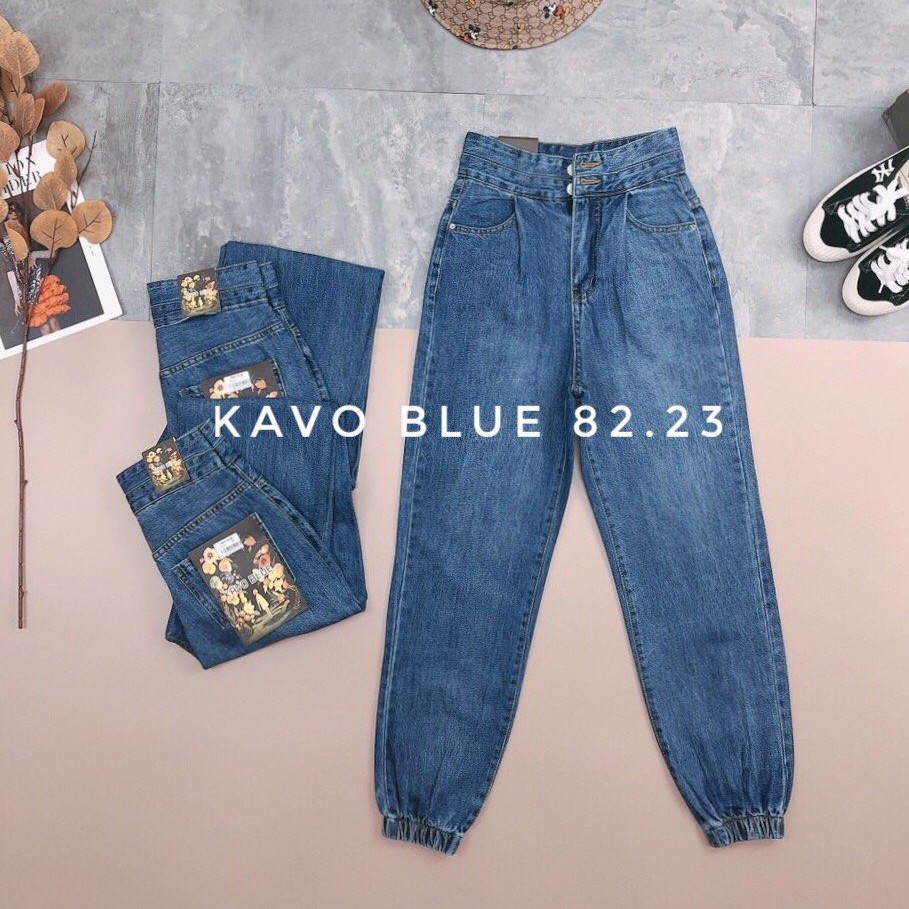 Quần Bò Nữ Bo Chun Gấu Dáng Baggy KAVO BLUE Cạp Cao Trên Rốn