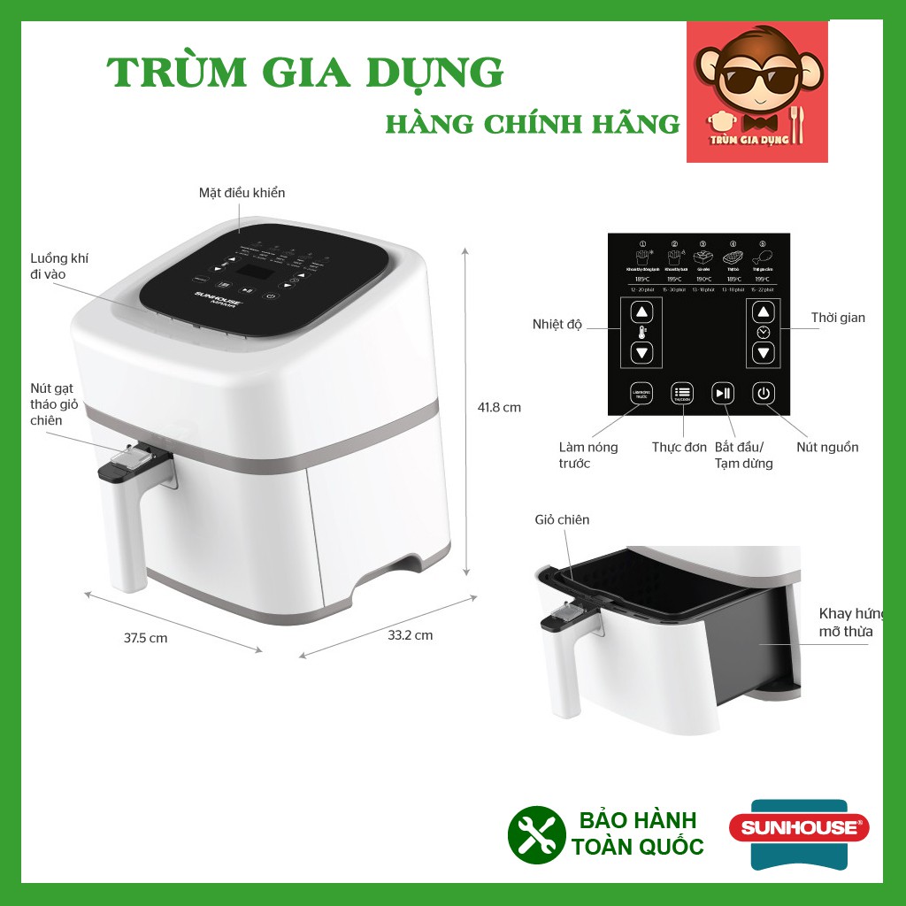 Nồi chiên không dầu 4,5L Sunhouse SHD4086W, nồi chiên không dầu Sunhouse Mama công nghệ Rapid Air.