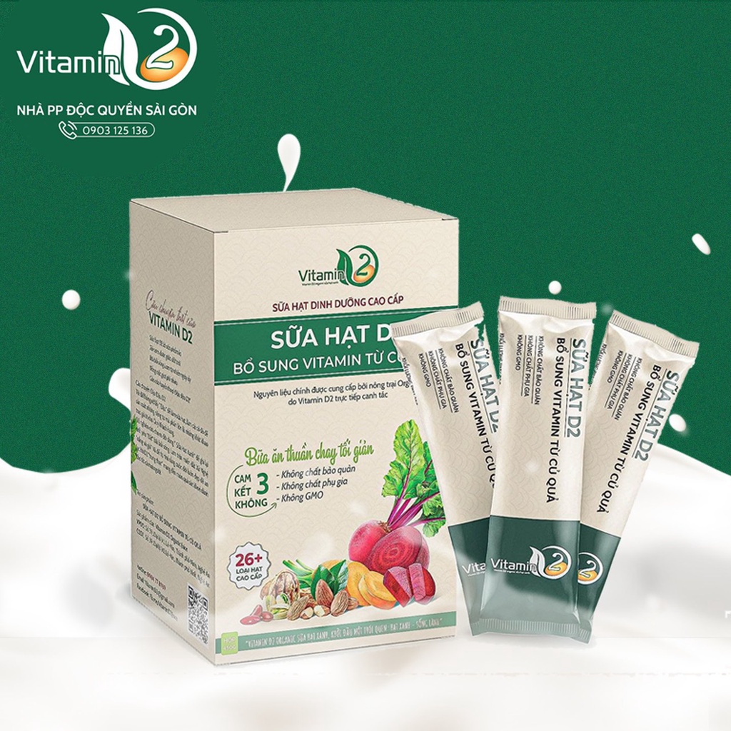 Sữa hạt hữu cơ Vitamin D2 - dạng bột gói - Bổ sung Vitamin từ củ quả - gồm hơn 26 loại hạt cao cấp thuần chay