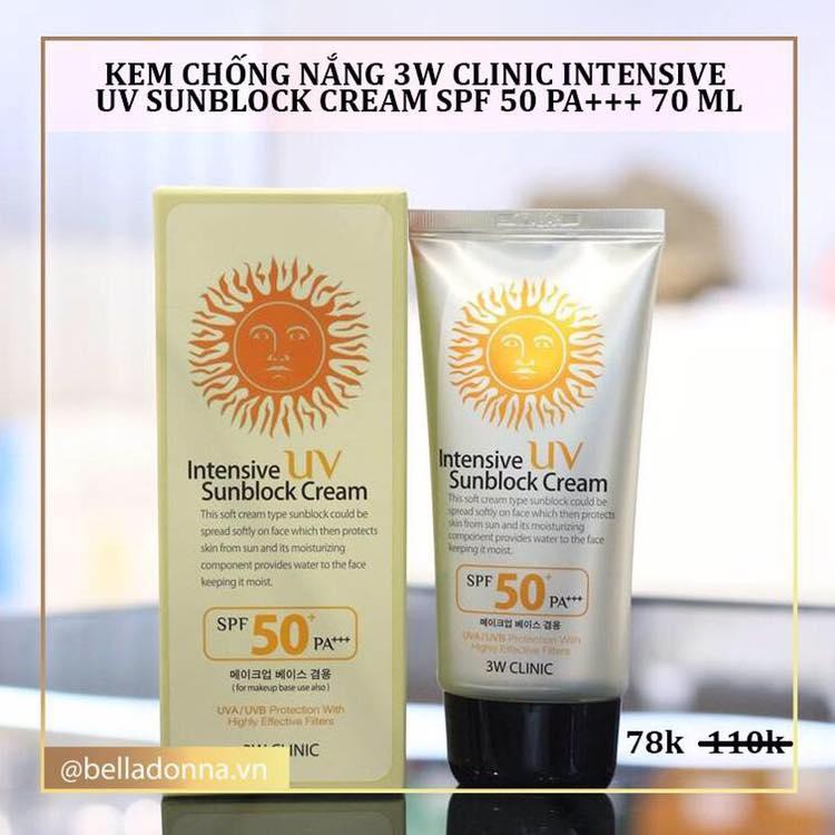 [CHÍNH HÃNG] Kem Chống Nắng 3w Clinic Intensive Uv Sunblock Cream Spf 50 Pa+++ 70ml