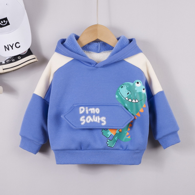 Áo Hoodie Chui Đầu Phối Nhung In Hoạt Hình Khủng Long Dễ Thương Cho Bé