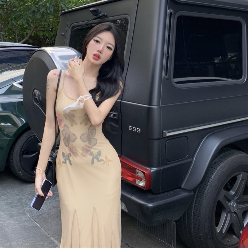 Đầm maxi Hai Dây Phối Lưới In Họa Tiết Thời Trang Xinh Xắn Cho Nữ