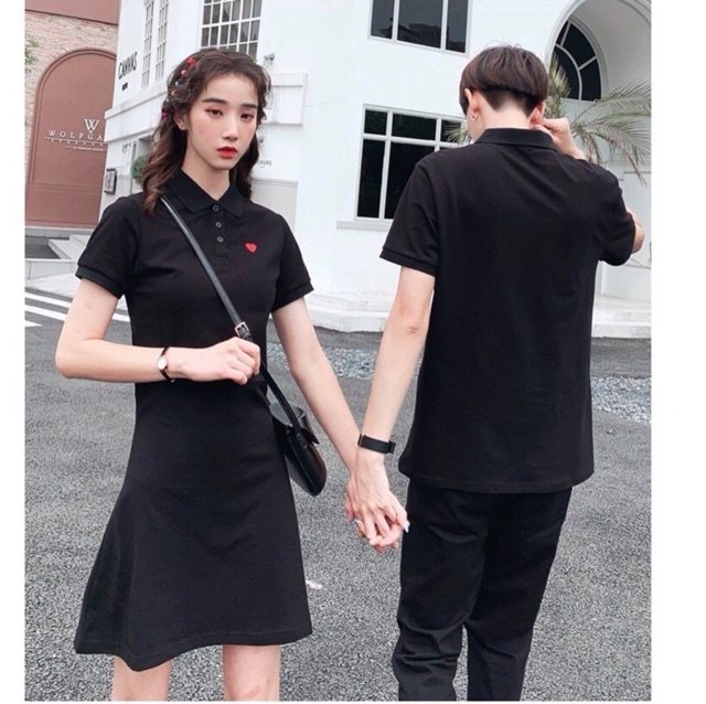 Áo đôi: Áo váy chữ A cổ bẻ polo + Áo thun polo nam