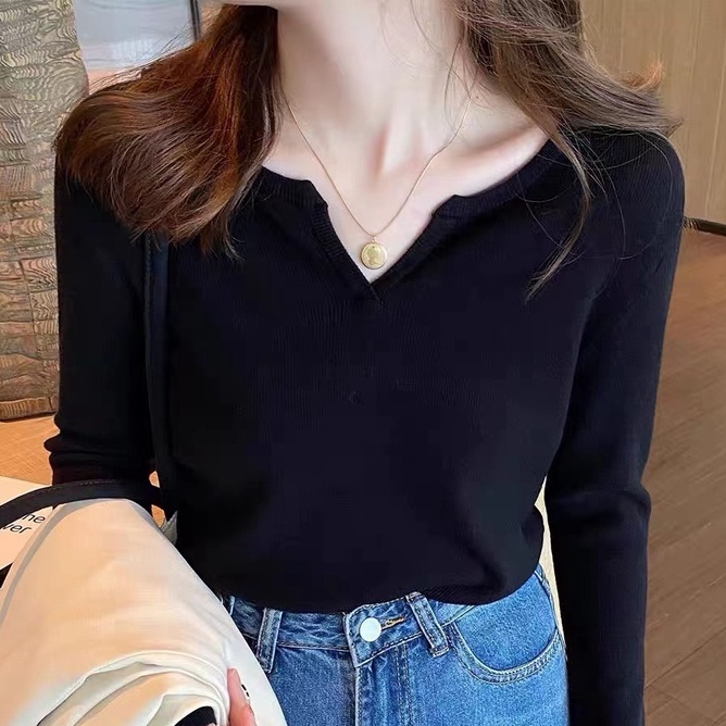 Áo len ZHELIHANGFEI tay dài cổ chữ V phong cách phương Tây dễ phối đồ thời trang