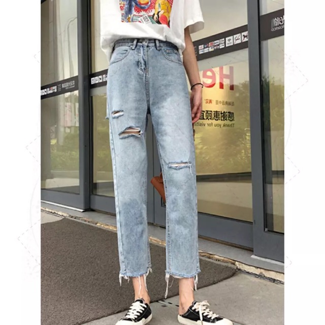 Quần slim baggy jeans suông rách đùi ulzzang kèm ảnh thật