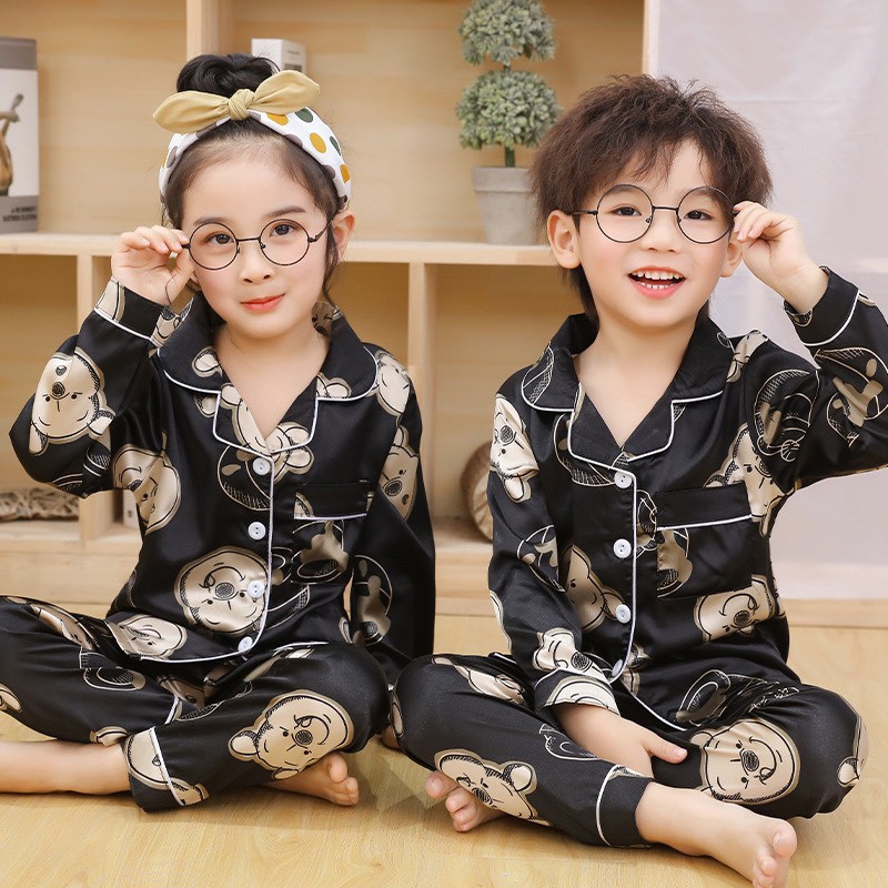 Đồ Ngủ Pijama Lụa Cho Bé Trai, Bé Gái Dài Tay In Hình Mickey, Bộ Đồ Ngủ Cho Bé Chất Lụa Cho Bé Từ 6-27kg