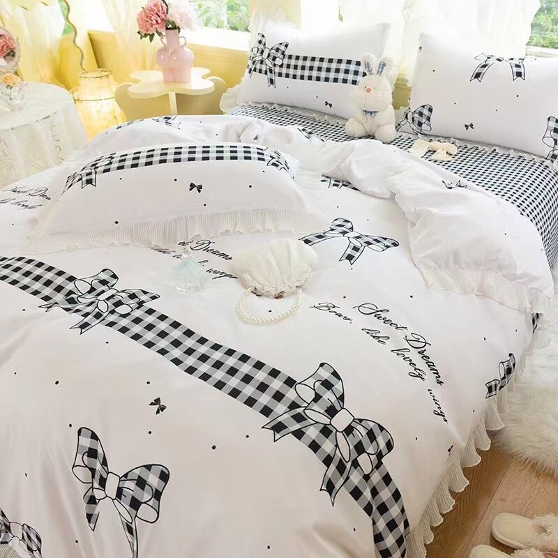 Bộ chăn ga kèm 2 vỏ gối COTTON TICI ĐŨI viền bèo vintage ( ko kèm ruột) | BigBuy360 - bigbuy360.vn