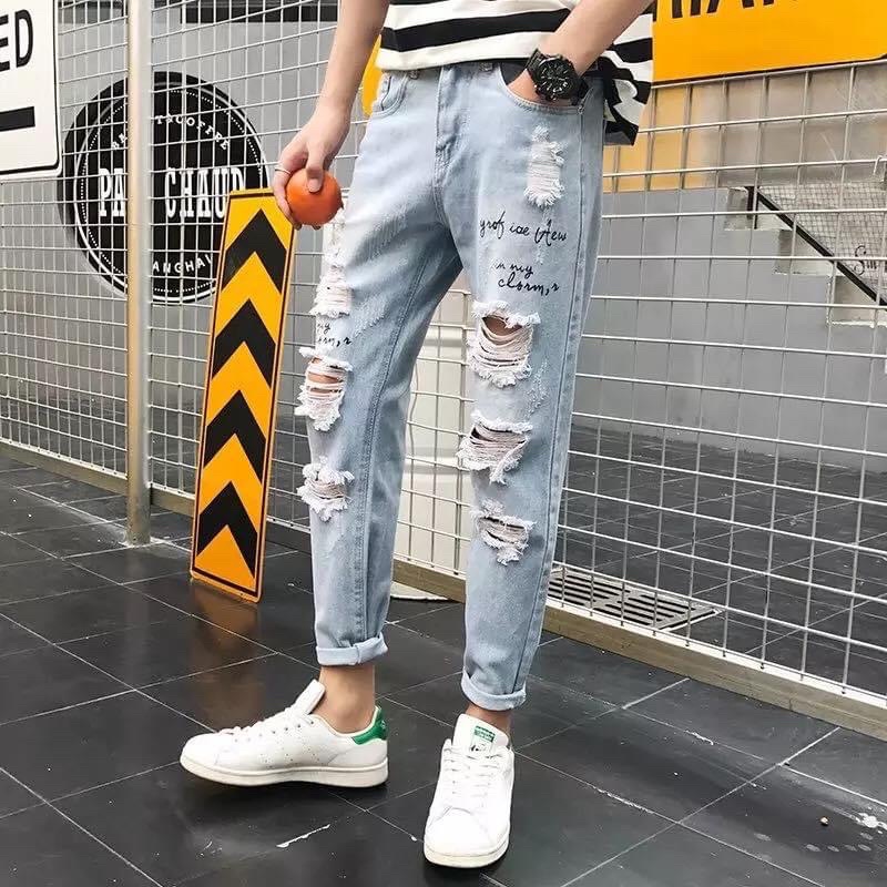 &lt;&lt;Có sẵn&gt;&gt; Quần Jeans Tua Hoạ tiết Rách kiểu phong cách Hàn Quốc dành cho nam cá tính năng động