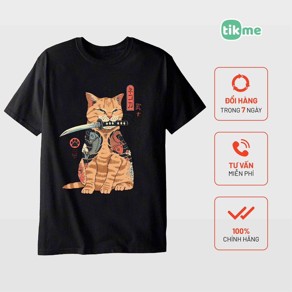 Áo thun dáng rộng unisex mèo đấu kiếm Nhật Bản size XS-3XL 100% cotton