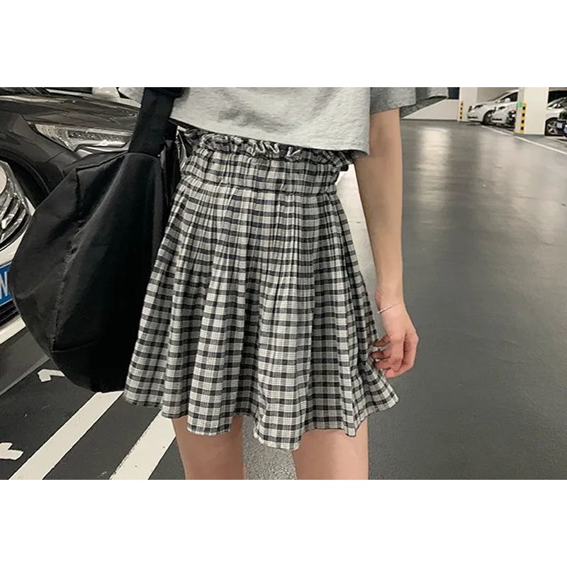 Set Áo Thun Ngắn Tay + Chân Váy Lưng Cao Họa Tiết Sọc Caro Thời Trang Mùa Hè