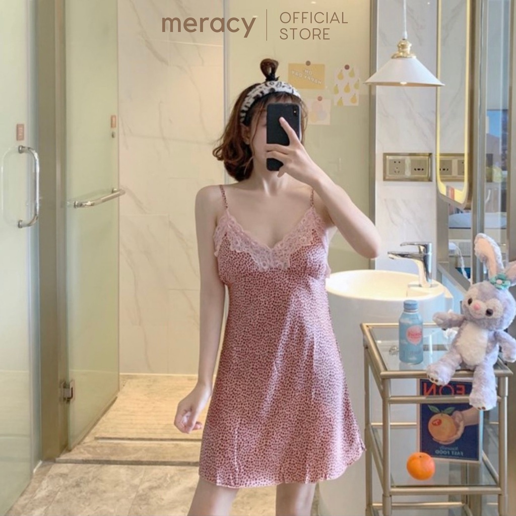 Váy ngủ lụa cao cấp nữ MERACY hai dây có mút ngực họa tiết da beo mặc nhà sexy M03-VN