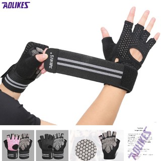 Găng tay tập gym hở lưng có cuốn cổ tay, bao tay đệm lòng bàn tay chống trượt chuyên gym AOLIKES HS 113 (1 đôi)