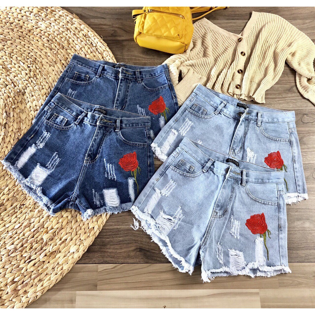 QUẦN SHORT JEANS NỮ SÀNH ĐIỆU HOA HỒNG THÊU