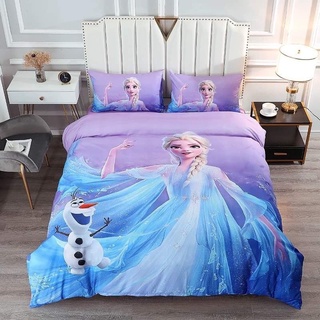 Bộ Chăn Ga Gối Cotton Hoạt Hình 3D Elsa Tím