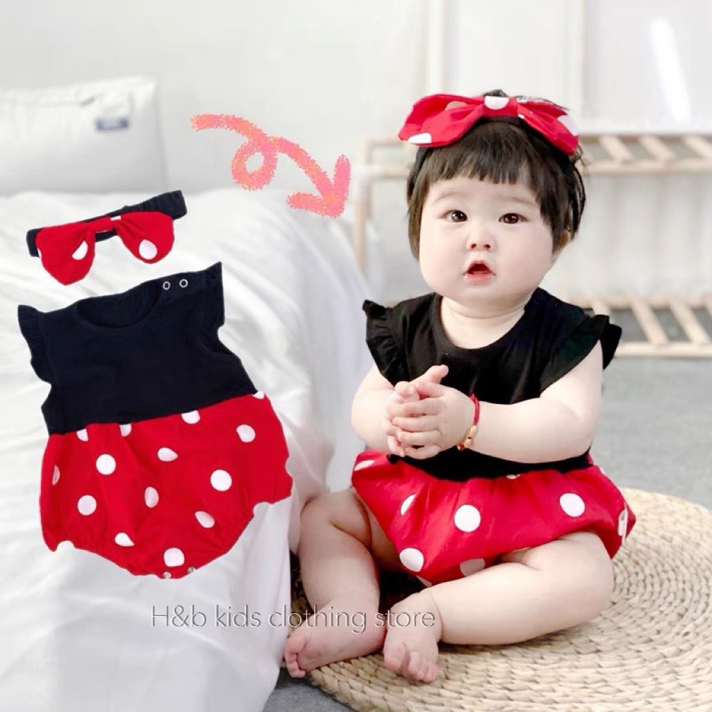 Bộ body chấm bi đỏ phối tay bèo kèm Turban chất cotton cho bé sơ sinh Bodykid (B4)