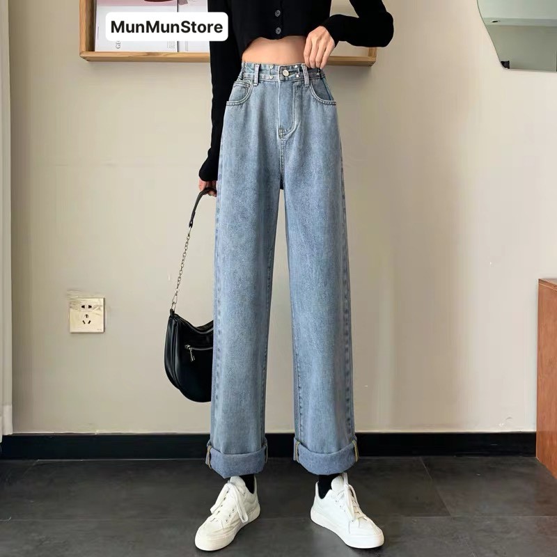 Quần Suông Nữ MunMunStore Quần Jean Bò Khuy Gài Chỉnh Eo Cạp Cao Ống Rộng Ullzang SK95