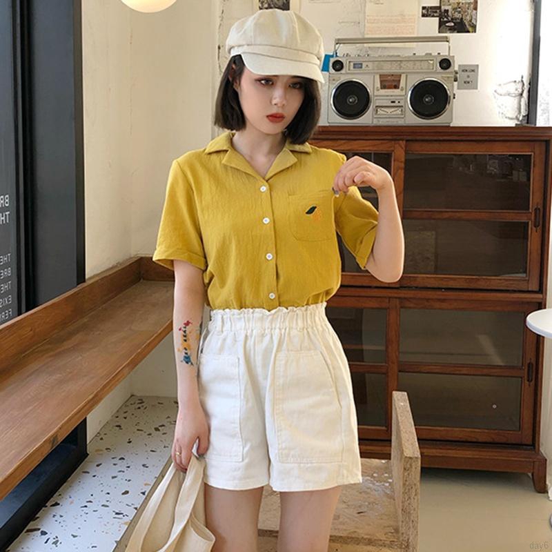 Áo Sơ Mi Nữ Tay Ngắn Có Cổ Thêu Hình Trái Cây Thời Trang