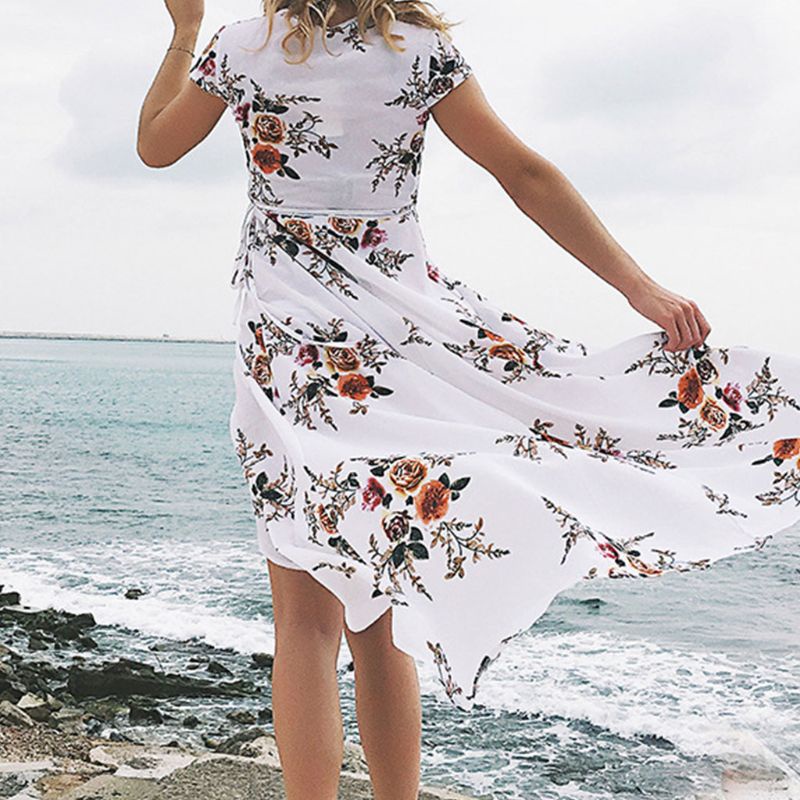 Đầm Maxi Tay Ngắn Cổ Chữ V Phối Ren Hoa Phong Cách Boho Quyến Rũ Cho Nữ