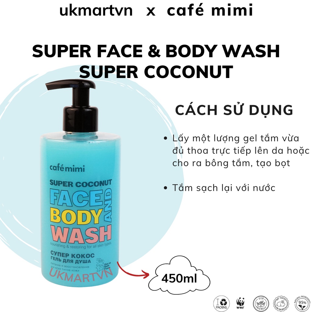 Gel Tắm CAFÉ MIMI Super Feijoa Làm Đều Màu Và Dưỡng Ẩm Da, Super Coconut Nuôi Dưỡng Và Phục Hồi Da 450ml