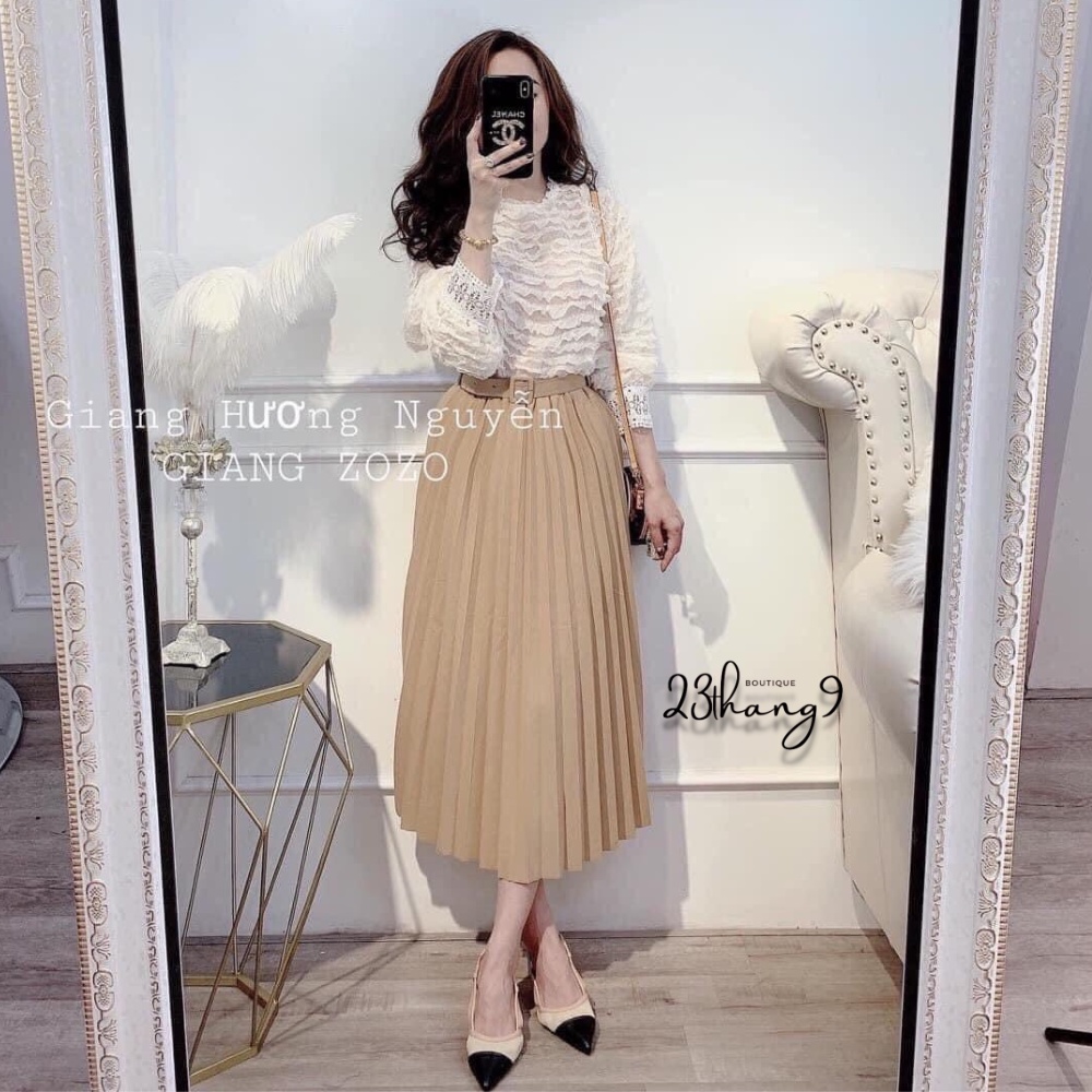 Chân váy xếp ly dài - chân váy midi dài lưng cao kèm đai vải QUẢNG CHÂU cao cấp màu đen be nâu công sở đi chơi