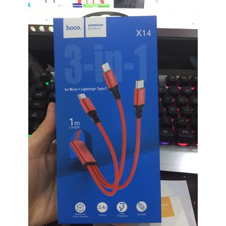 CÁP SẠC 3 ĐẦU HOCO X14-DÂY SẠC BỌC DÙ CHỐNG ĐỨT ĐA NĂNG SẠC CHO IP,MICRO USB ,TYPE C