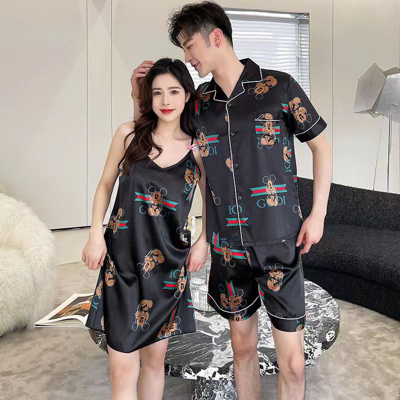 Bộ Đồ Ngủ Ngắn Tay Bằng Lụa Satin Thời Trang Hàn Quốc Cho Nam Nữ