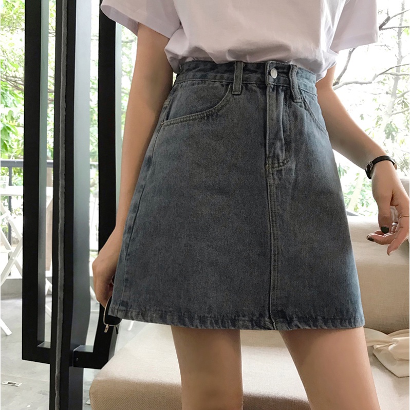 Chân váy jean denim ngắn chữ A Chân váy bò ngắn Lưng cao Hàn Quốc Thiết kế Retro Vintage Thời trang